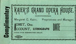 Kaier&#39;s Grand Opera House Unused Vtg Complimentary Lithograph Ticket - $19.75