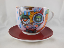 Cat &amp; Fish Mug Large 10 oz. Cup &amp; Saucer Michelle Allen Designs AWESOME! - $15.93