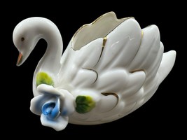 Swan Trinket Ring Dish Porcelain Bird Japan E-119 Flowers Floral 4&quot; Gold... - $14.00