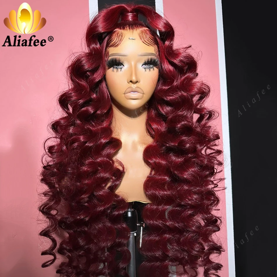 Dark Cherry Red Burgundy Colored Bouncy Curly Deep Wave 13X4 13X6 Lace Frontal - £90.62 GBP+
