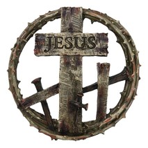 Jesus Cross With Nails And Crown Of Thorns Faux Wood Finish Wall Circle ... - $32.84 CAD
