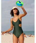 Aerie Shine Rib Voop Cheeky One Piece Swimsuit LARGE Sycamore Green Cutouts - $60.30 CAD