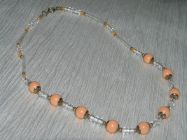 Vintage Tangerine &amp; Clear Plastic Barrel &amp; Round Bead Necklace – goldtone findin - £3.97 GBP