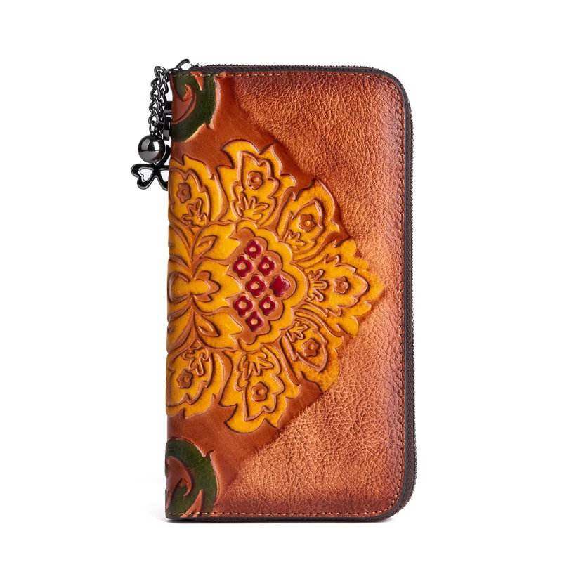 Leather Women Wallets Cowhide Phone Bags Ladies Multi-layer Zipper Coin Pouch