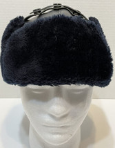 Vintage GA Black Leather and Fleece Winter Hat Size M Adjustable Snaps Korea - £11.94 GBP