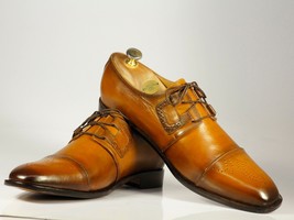 Handmade Men&#39;s Tan Cap Toe Brogue Leather Formal Shoes, Men Designer Dress Shoes - £115.89 GBP+