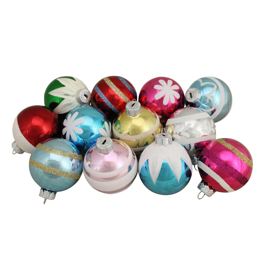 2.5"(65mm) 12ct Frosted and Glittered Shiny Multi Color Christmas Ball Ornaments