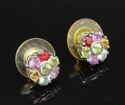 925 Silver - Vintage Peridot &amp; Multi Gemstones Flower Stud Earrings - EG... - £25.81 GBP