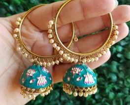 Indian Bollywood Style Enameled Bali Hoop Jhumka Earrings Light Blue Jewelry Set - £15.17 GBP