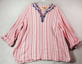 Ruby Rd Blouse Top Womens 3X Pink White Striped 100% Cotton V Neck Embroidered - £16.90 GBP