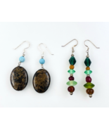 Lot of Two Beaded Sterling Silver Bronzite Turquoise Glass Dangle Earrings - $23.76