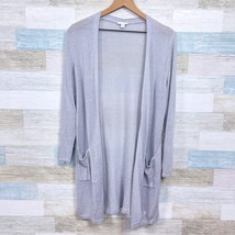 J Jill Linen Open Front Longline Cardigan Gray Pockets Lightweight Women... - $34.64