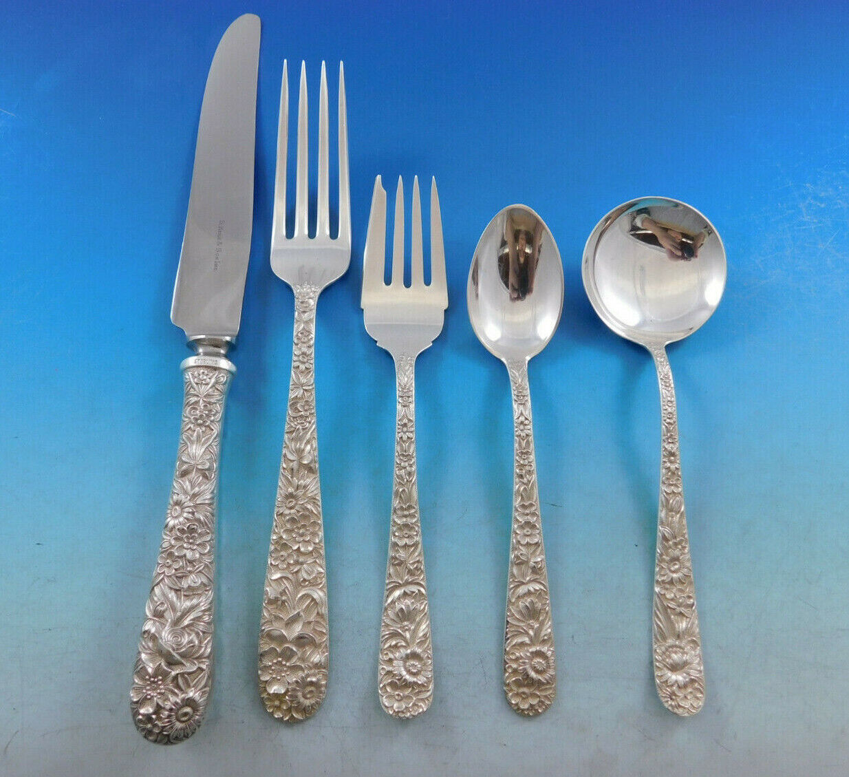 Primary image for Repousse by Kirk Sterling Silver Flatware Service For 12 Set 60 Pcs Dinner Size
