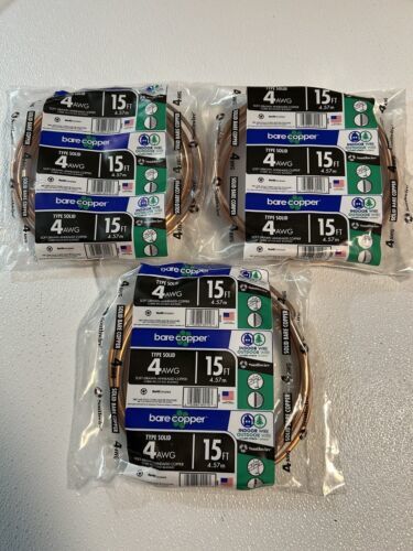 Three (3)  15’ packs of 4 AWG/Gauge Solid Bare Copper Grounding Wire ~ USA! - $76.73