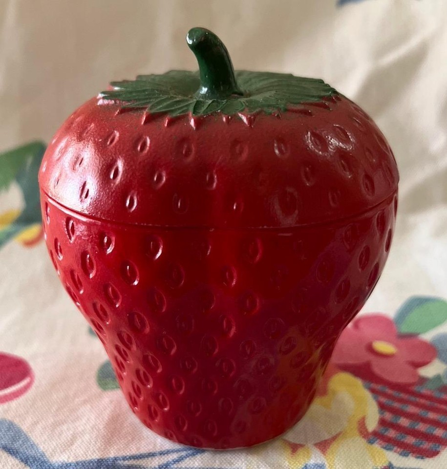 Vintage Hazel Atlas Red Strawberry Milk Glass Jam Jar w Lid 1940&#39;S USA - $11.88