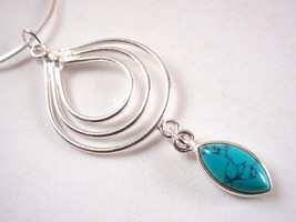 Turquoise Marquise Necklace w/ Triple Teardrop Hoop 925 Sterling Silver Necklace - £18.66 GBP