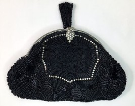 Vintage Art Deco Black Beaded Evening Finger Clutch Small Purse Rhinestones - £27.97 GBP