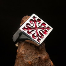 Diamond shaped Men&#39;s Fleur de Lis Ring red Lily Cross - Sterling Silver - $74.00