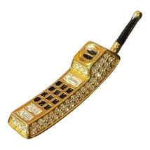 Vintage Swarovski Crystal Gold Tone Brooch Pin Cordless Cell Phone Swan Signed - £27.90 GBP