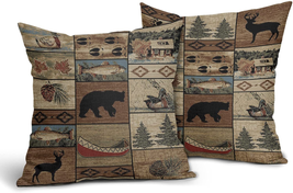 Western Rustic Bear Throw Pillows Cover Wildlife Cotton Linen Outdoor Set of 2 - £18.94 GBP