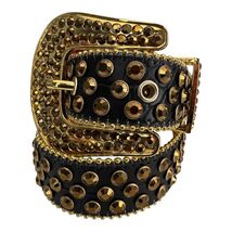 Studded Western Rhinestone Belt Black Strap Gold Rhinestones Unisex XL 3... - $58.13