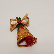 Christmas Bell Holly Berry Bow Gold Tone Metal Brooch Pin 2.5&quot; Red Green... - $19.79