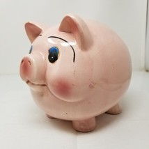 Piggy Bank Imperfect Ceramic Pink Blue Eyes Coin Saver Cute Retro Farmhouse Vtg - $18.95