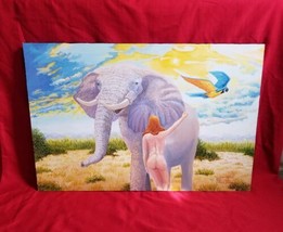 Walter Holtzman 70s Original Oil Painting, Nude woman elephant Safari 24&quot; x 36&quot; - £372.38 GBP