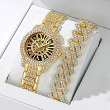 Women Fashion Luxury Gold plated Rhinestone Watch &amp; Iced Cuban Bracelet ... - £14.96 GBP
