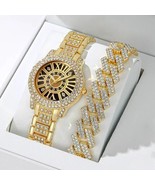 Women Fashion Luxury Gold plated Rhinestone Watch &amp; Iced Cuban Bracelet ... - £14.77 GBP