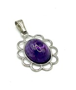 Amethyst Cabochon Pendant Silver Tone Floral Oval Setting .5” Purple - €9,18 EUR