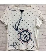 Karen Scott Womens T-Shirt White Blue Polka Dot Nautical Sequin Scoop Pe... - £12.12 GBP