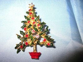 Vintage Christmas tree brooch, gold color with red &amp;green enamel.2 and 1/2&quot; - £7.97 GBP