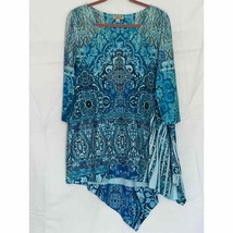 ONE WORLD Women Size L Printed Rhinestone Embellished Turquoise Hi-Lo Knit Tunic - £35.14 GBP