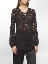 New Womens NWT Designer Calvin Klein Lace Blouse Tie Up XL Black Flowers Long Sl - £233.40 GBP
