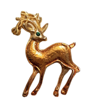 Gold Plated Reindeer Pin 1 1/4&quot; VTG Big Antler Buck Stag Green Rhinestone Eye - £15.51 GBP