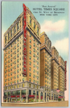 New York City Postcard Hotel Times Square Vtg Travel Colourpicture Linen 1940s - £6.90 GBP