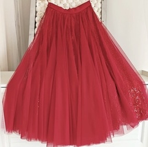 RED Tulle Midi Skirt with Sequins Outfit Women Plus Size Sparkly Red Tulle Skirt image 4