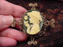 (CM11-6) GIRL in sun Hat bird ivory + green CAMEO jewelry Pin Pendant JEWELRY - £26.00 GBP