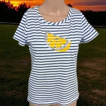 Talbots Sequin Lemon Top XS Tee T Shirt Blue White Striped Pima Cotton Nautical  - $18.79