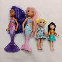 BARBIE Doll Mattel 4&quot; Lot of 2 Small  Purple Pink Mermaids + 2 Small Girl Dolls - £9.45 GBP