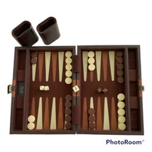 Vintage Reiss Backgammon Set Briefcase Faux Leather Travel Case Brown 16 x 11&quot; - £19.67 GBP
