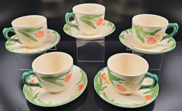5 Franciscan Tulip Cups Saucers Set Vintage Red Yellow Floral Dishes England Lot - £44.99 GBP