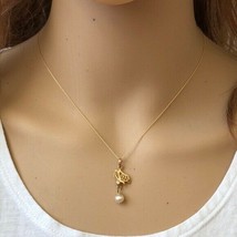 14K Solid Gold Mini Pearl Dangle Pendant Dainty Necklace - Minimalist 16&quot;-18&quot; - £149.94 GBP+