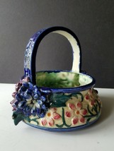 Japan Low FLORAL BASKET Applied Flowers Cobalt Purple Majolica Style Mar... - £17.13 GBP