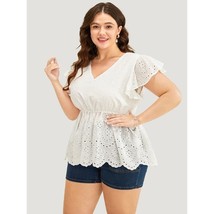 Bloomchic Solid Ruffles Scalloped Trim Laser Cut Blouse White 18-20 - £15.02 GBP