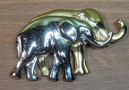 Vintage Liz Claiborne Double Elephant Brooch-Pin Gold / Silver Tone Trunks Up - $12.86