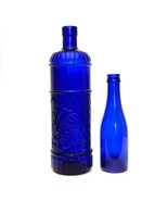 Set of 2 Vintage Cobalt Blue Embossed Bottles Country Farm Home Decor Vi... - £15.49 GBP