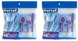Heavy Duty Plastic Cutlery Set in Baby Blue - 32 Spoons, 32 Forks, 32 Kn... - £6.07 GBP