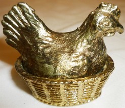 Vintage Miniature Gold Painted Enamel Metal Chicken On A Nest Lidded Salt Cellar - £12.75 GBP